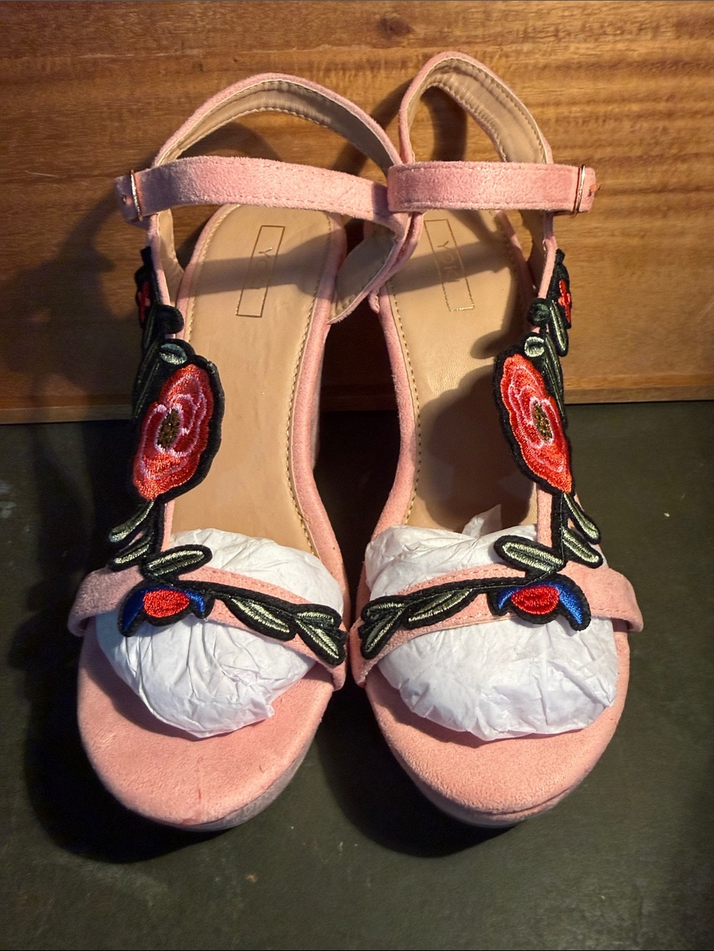 Yoki Pink Embroidered Floral Suede Heels